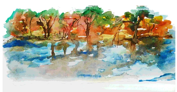 Watercolor nature landscape with lake and trees Vektör Grafikler