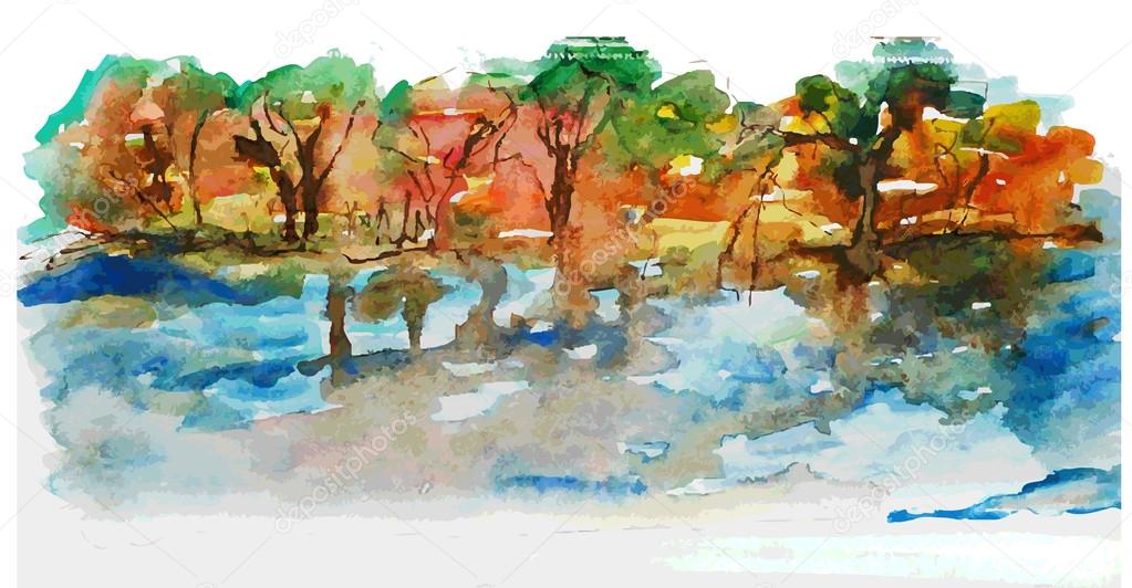 Watercolor nature landscape with lake and trees