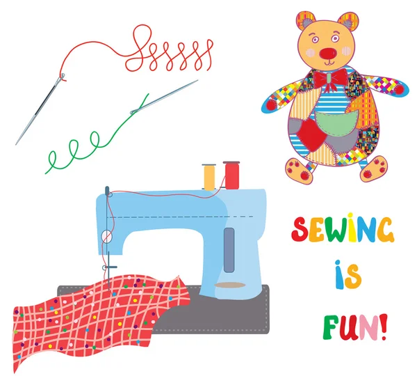 Sewing set with patchwork bear - funny design Vector Graphics