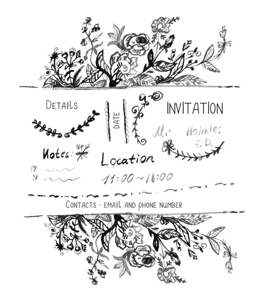 Diseño de invitación con flores y bordes dibujados a mano — Archivo Imágenes Vectoriales