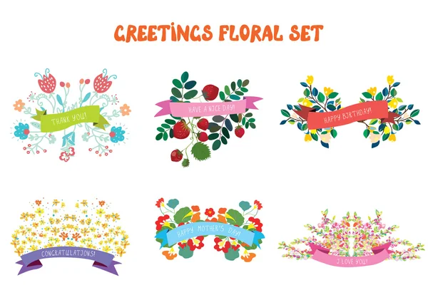 Conjunto de elementos de diseño floral con cintas para tarjetas de felicitación — Archivo Imágenes Vectoriales