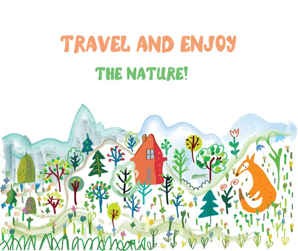 Travel funny card with landscape and animals — Stock Vector