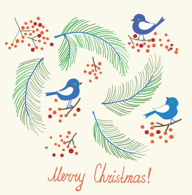 Noel kartı kuşlar - retro tasarımı ile
