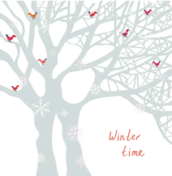 Winter time Christmas card with tree and birds — Stock Vector