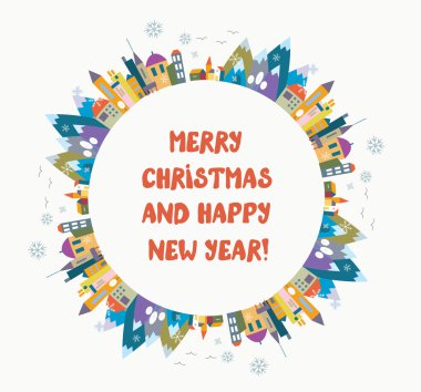 Güzel kasaba ve çerçeve ile Noel ve yılbaşı tebrik kartı