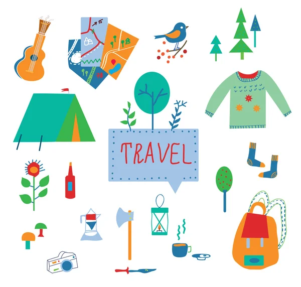 Reise-und Tourismus-Ikonen mit lustigem Design — Stockvektor