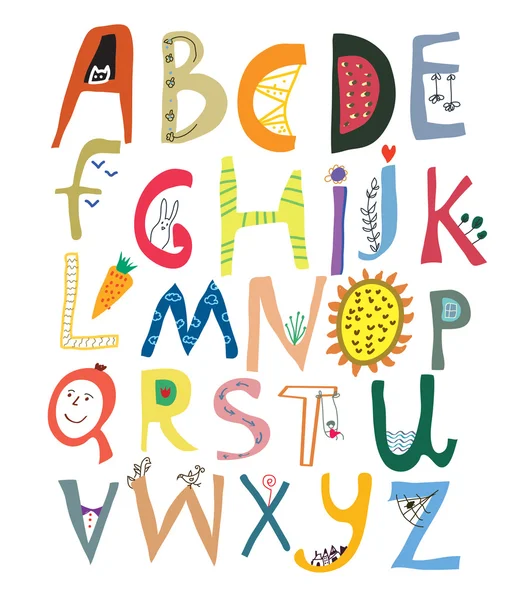 Alphabet drôle pour les enfants avec visages, légumes, fleurs et anim — Image vectorielle