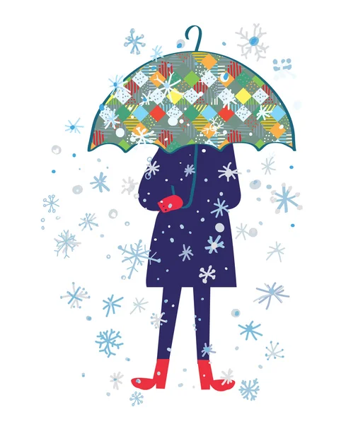 Snow storm and person with umbrella - cold weather — Stock Vector