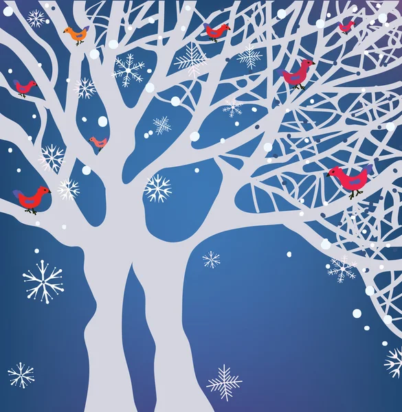Χριστούγεννα χειμώνα φόντο με δέντρο, χιόνι και τα πουλιά — Διανυσματικό Αρχείο