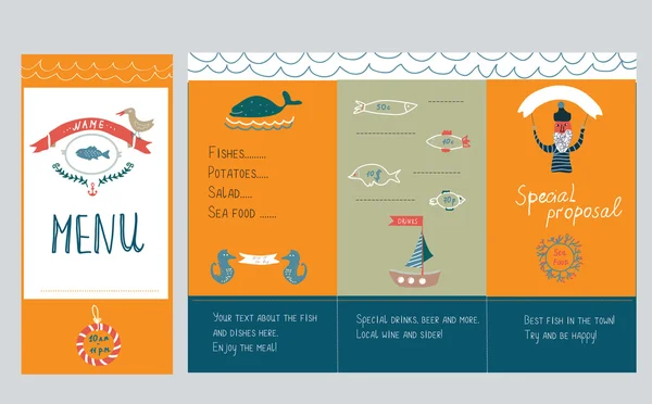 Design de menu restaurador de peixe - ilustração desenhada à mão — Vetor de Stock