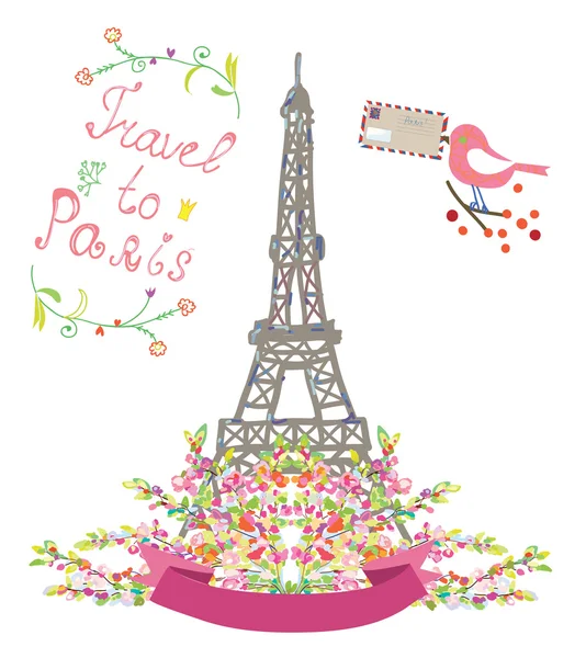 Reise nach Paris nettes Plakat mit Blumen und Vogel — Stockvektor
