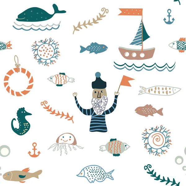 Fishes and sea food seamless pattern - nice design — Stock Vector