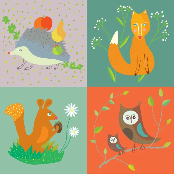 Conjunto divertido de animales y pájaros del bosque para niños — Vector de stock