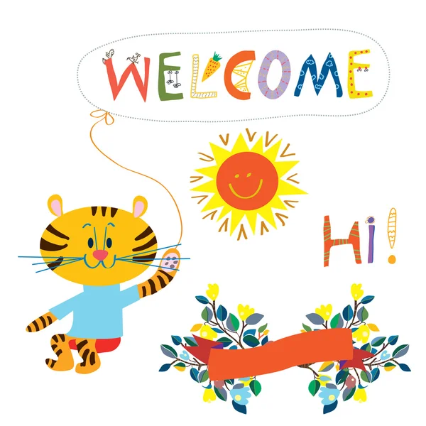 Приветственная открытка для малыша - симпатичное животное, цветы и игрушки — стоковый вектор