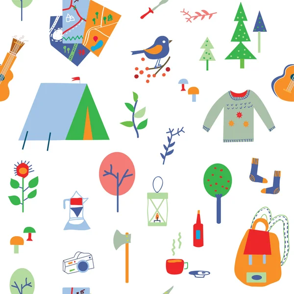 Travel and camping seamless pattern with many icons — Stock Vector