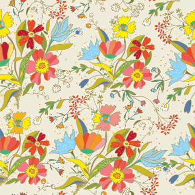 Parlak çiçekler, yapraklar ve noktaile çiçek dikişsiz desen -