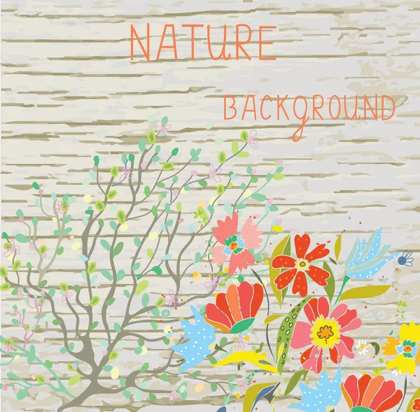 Fondo natural con flores, ramas y textura de madera — Vector de stock