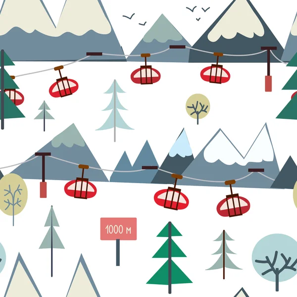 滑雪运动和山无缝模式与树木和电梯 — 图库矢量图片