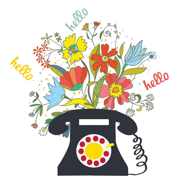 Téléphone avec fleurs et bonjour mot illustration de communication — Image vectorielle