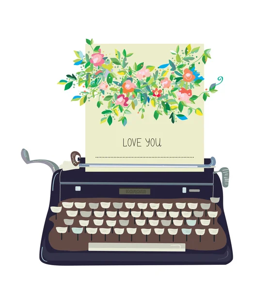 Love you card avec machine à écrire et fleur - illustrations conceptuelles — Image vectorielle