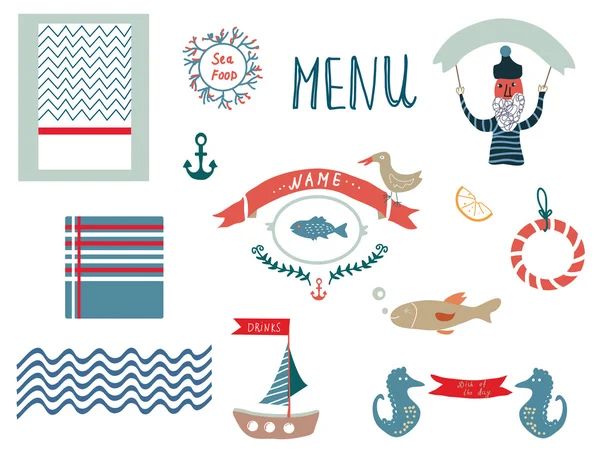 Fish restaurant menu design elements in funny style - vector — Stock Vector