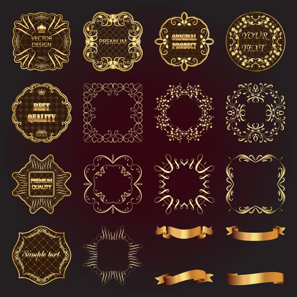 Set of vintage gold design elements-labels, frames, ribbons. — Stock Vector