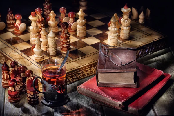 Șah, ceai și cărți — Fotografie, imagine de stoc