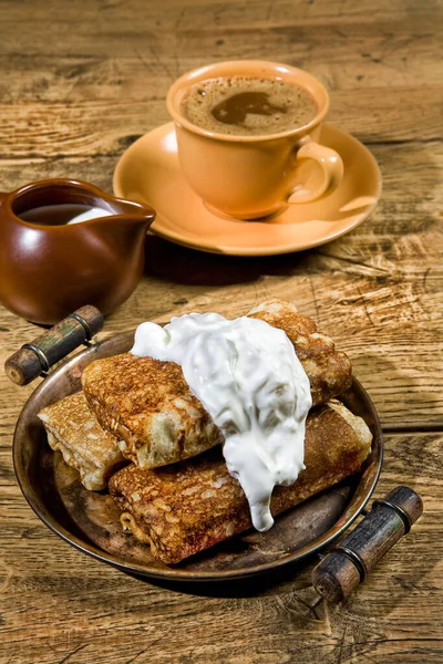 Cup Coffee Pancakes Cream — Stock Photo, Image