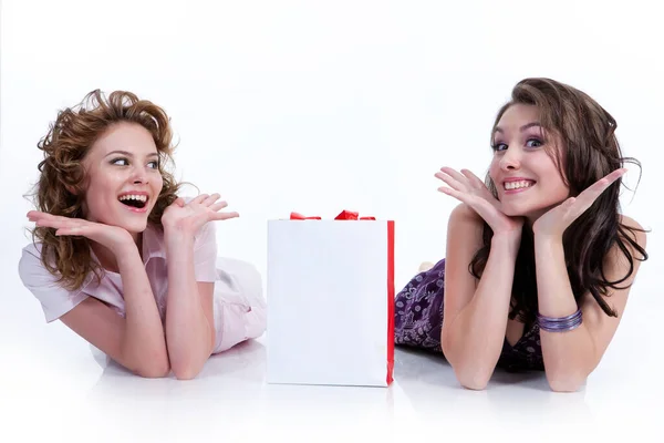 Two Young Women Shopping Bag Different Actions Emotions — Stock Photo, Image