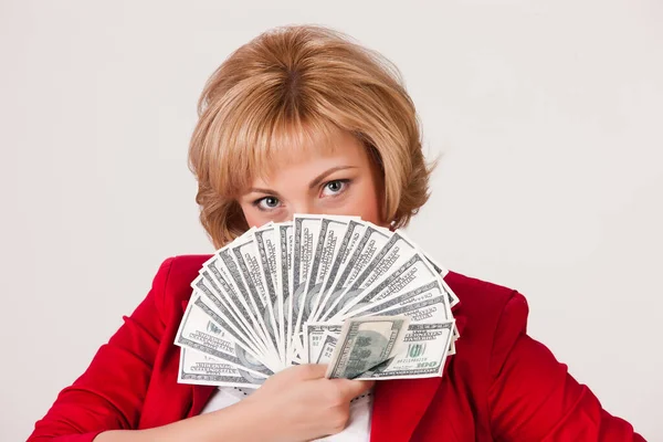 Young Woman Bunch Dollar Banknotes — Stock Photo, Image