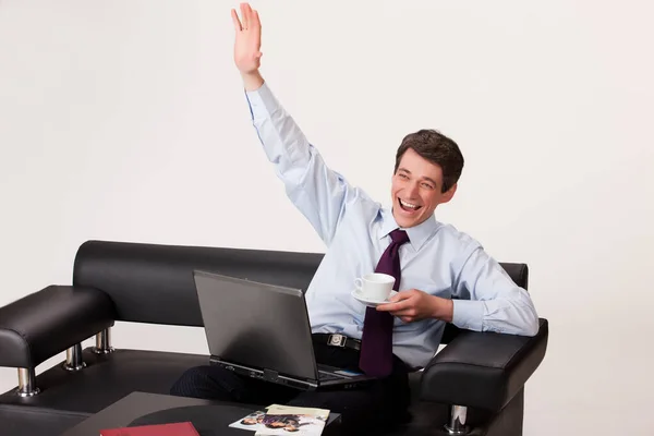 Young Businessman Working Computer Isolated Background — Stock Photo, Image