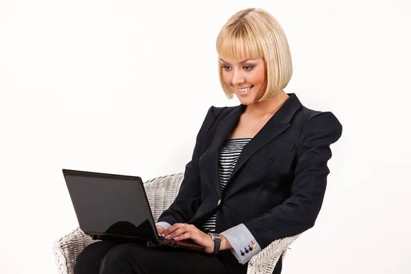 Young Beautiful Woman Working Laptop Isolated Studio Background — Stock Photo, Image