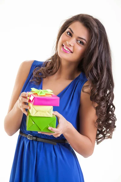Young Smiling Woman Gift Isolated Studio Background — Stock Photo, Image