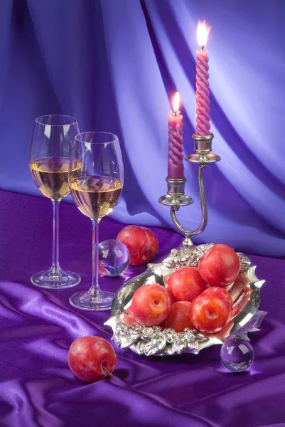 Two Glasses Apricots Candles Fabric Studio Background — Stock Photo, Image