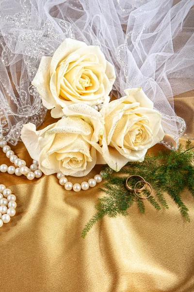 Two Wedding Rings Flowers Fabric Background — Stock Photo, Image