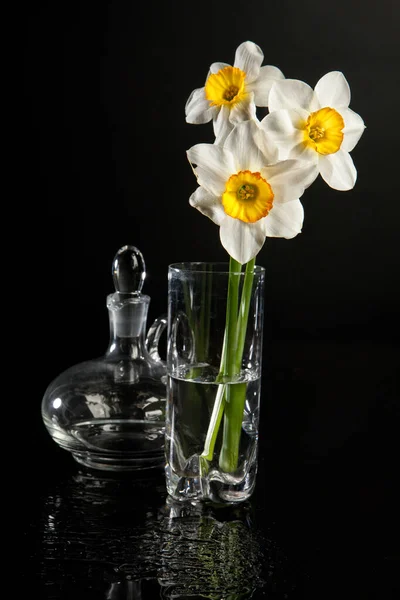 Bloemen Een Zwarte Glazen Studio Achtergrond — Stockfoto