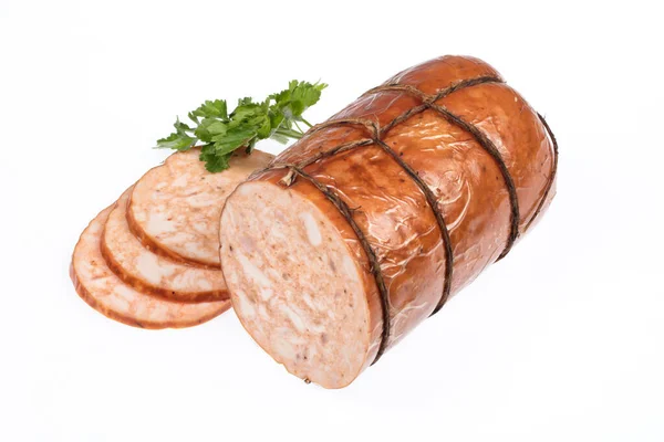 Wurst Und Scheiben Mit Grün Auf Isoliertem Studiohintergrund — Stockfoto