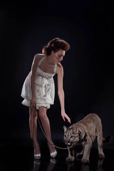 Junge Frau Hochzeitskleid Und Puma Auf Schwarzem Studiohintergrund — Stockfoto