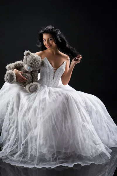 Young Beautiful Barefooted Woman Wedding Dress Black Background — Stock Photo, Image