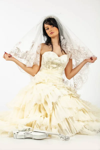 Young Beautiful Woman Wedding Dress Studio Background — Stock Photo, Image