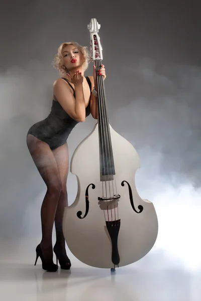 Young Woman In Lingerie With A Double Bass — Stock Photo, Image