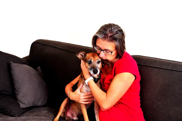 Mujer abrazando con perro en un sofá gris Fotos de stock libres de derechos