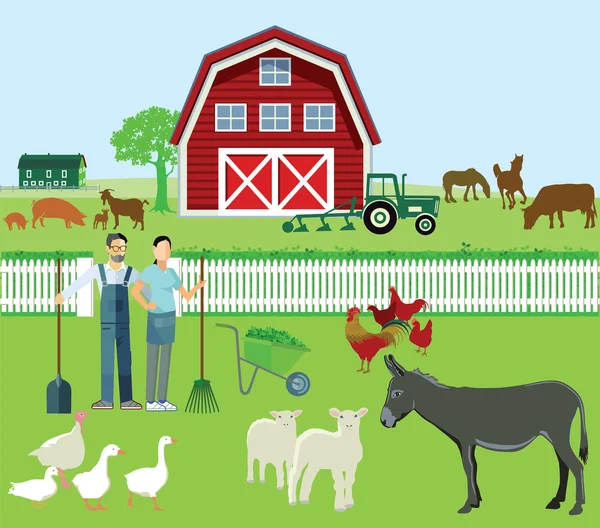 Agricultor y Agricultura con animales — Vector de stock