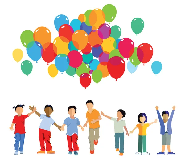 Funny kids group with balloons — Stock Vector