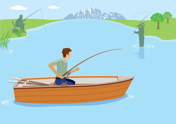 Pêche, bateau, pêcheur, poisson — Image vectorielle