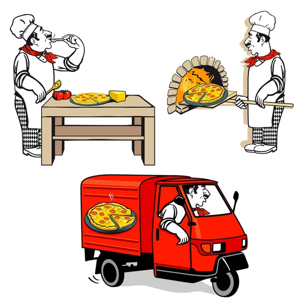 Chef Pizza Entrega Pizza Ilustración Vectorial — Archivo Imágenes Vectoriales