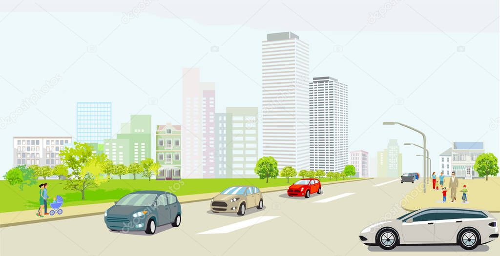 City silhouette with country road. People and road transport, illustration