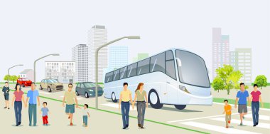 Yol trafiği, gökdelenler, apartmanlar ve kaldırımlarda yayalar olan şehir.