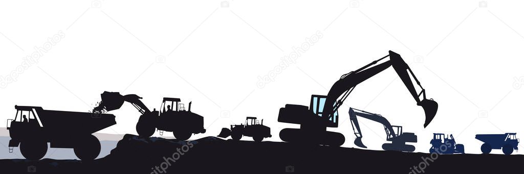 Excavator with bulldozer when loading