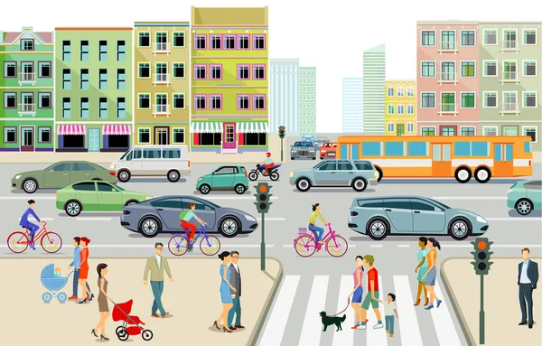 Città Con Traffico Stradale Condomini Pedoni Sul Marciapiede Illustrazione — Vettoriale Stock